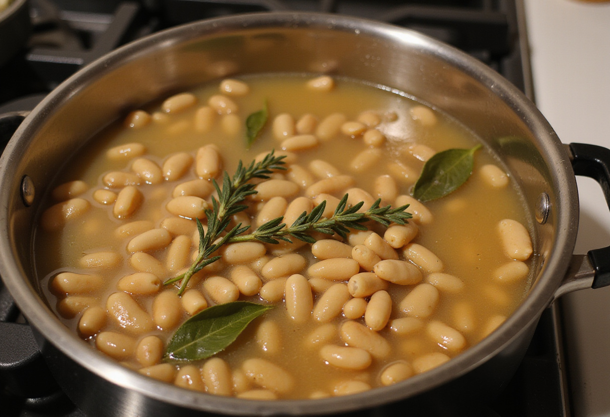 Butter beans simmering in broth with herbs, essential for a juicy Butter Beans recipe.