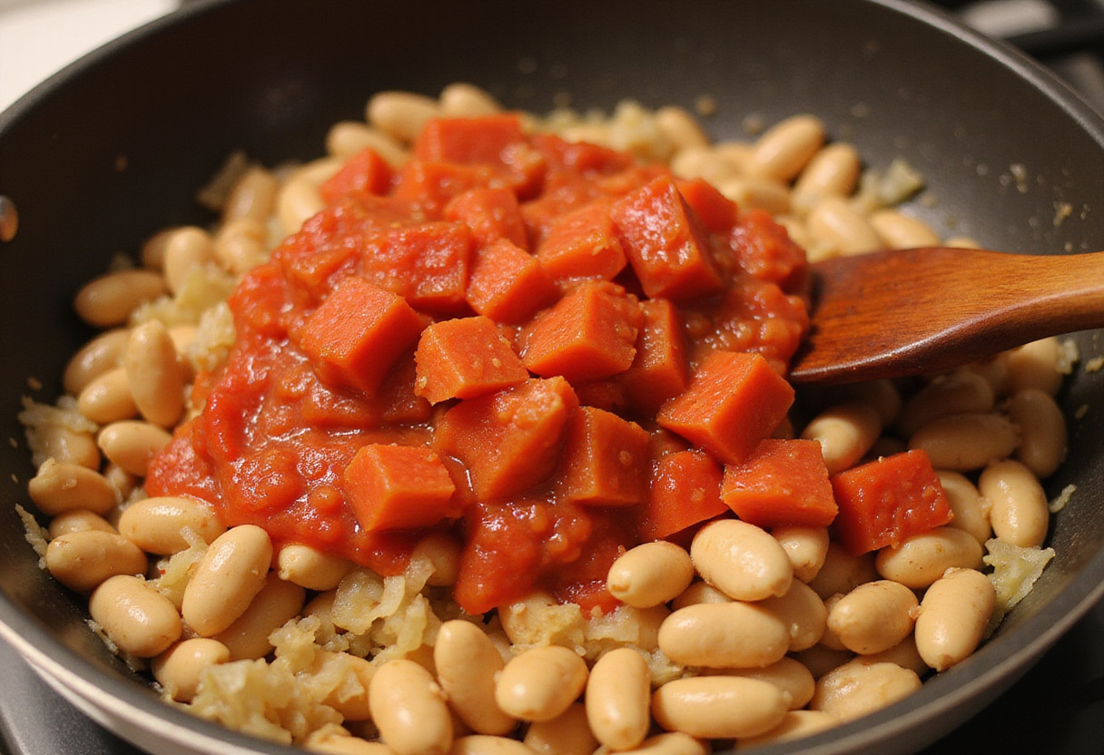 Adding tomatoes and tomato paste to prepare a flavorful base for Juicy Butter Beans.