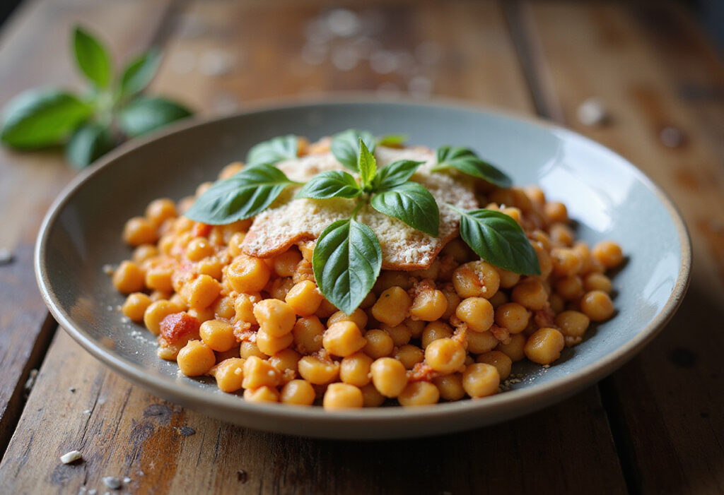 Juicy chickpea pasta garnished with basil and parmesan.