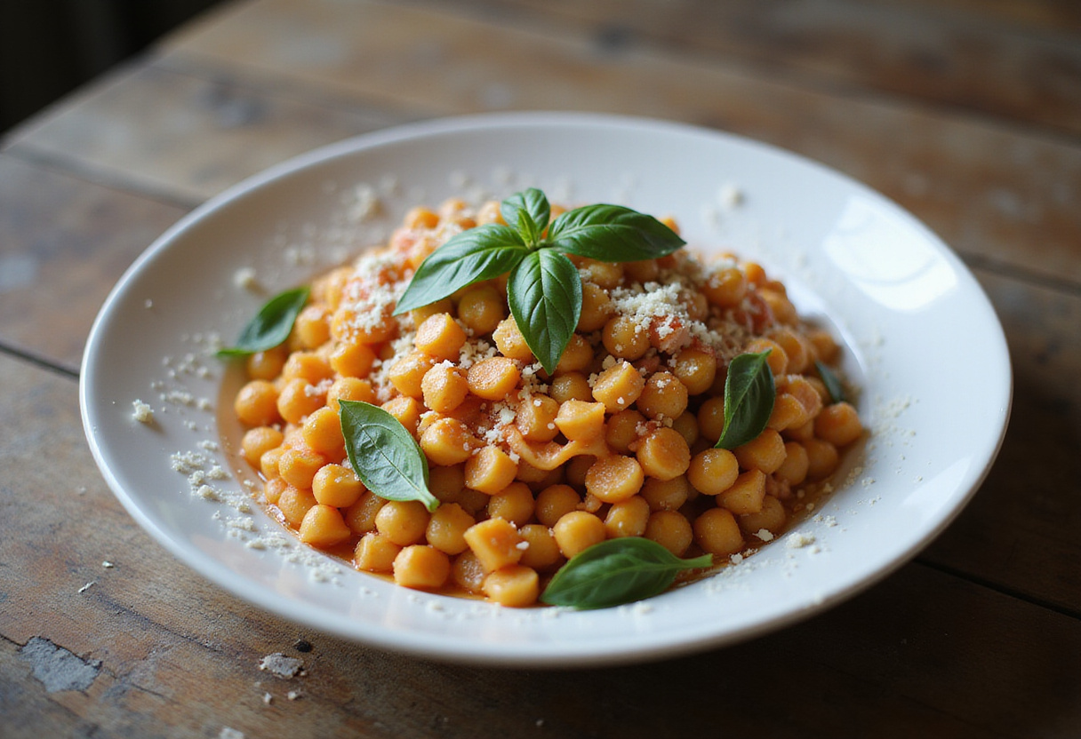 Juicy chickpea pasta garnished with basil and parmesan.
