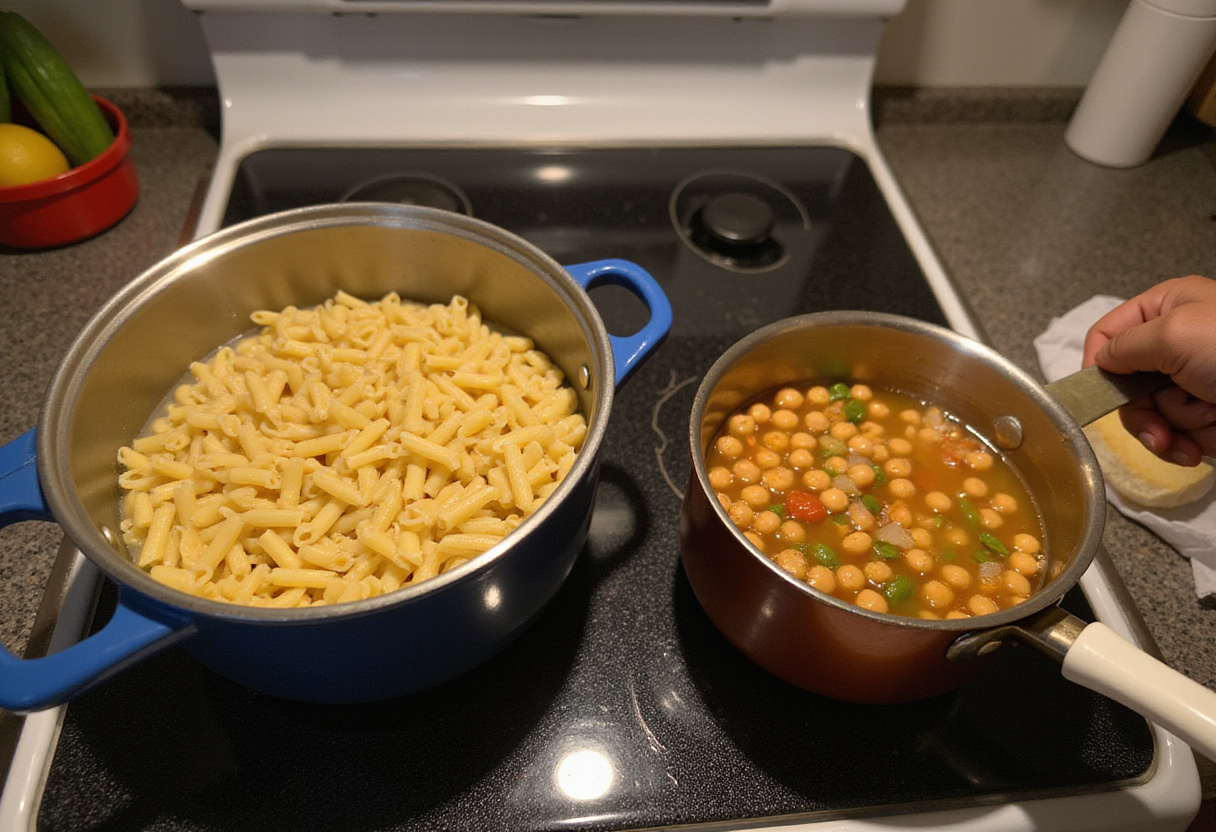 Chickpea pasta ingredients: pasta boiling, chickpeas simmering in broth.