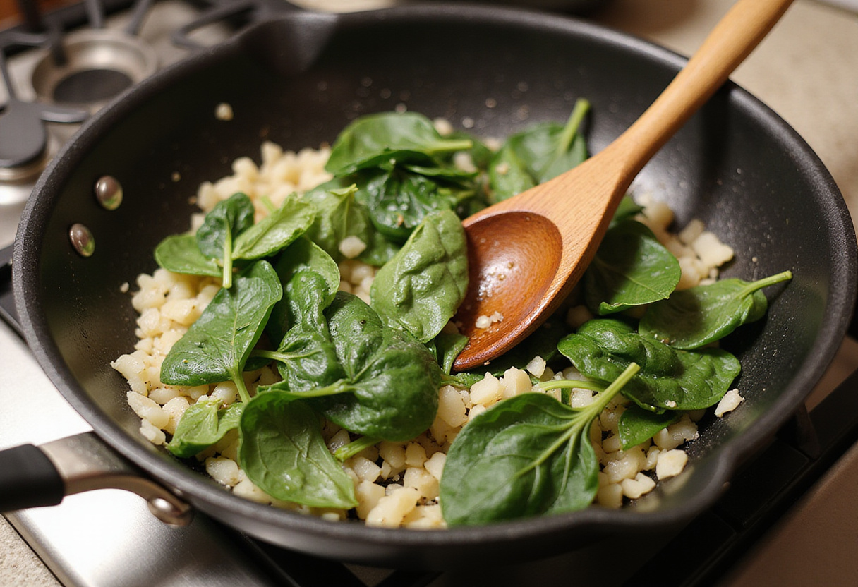 Sautéing garlic, onions, and spinach for chickpea pasta sauce.