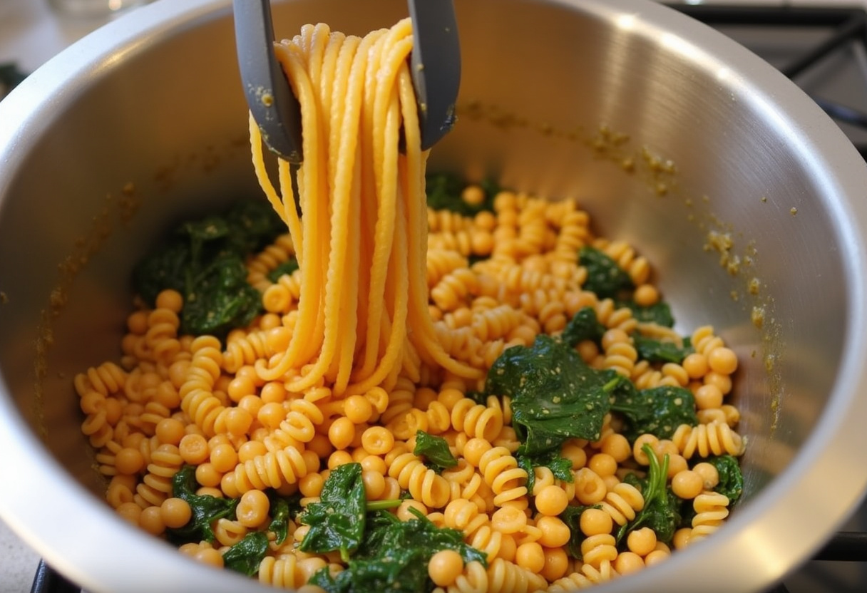 Tossing cooked pasta with chickpea sauce and spinach.