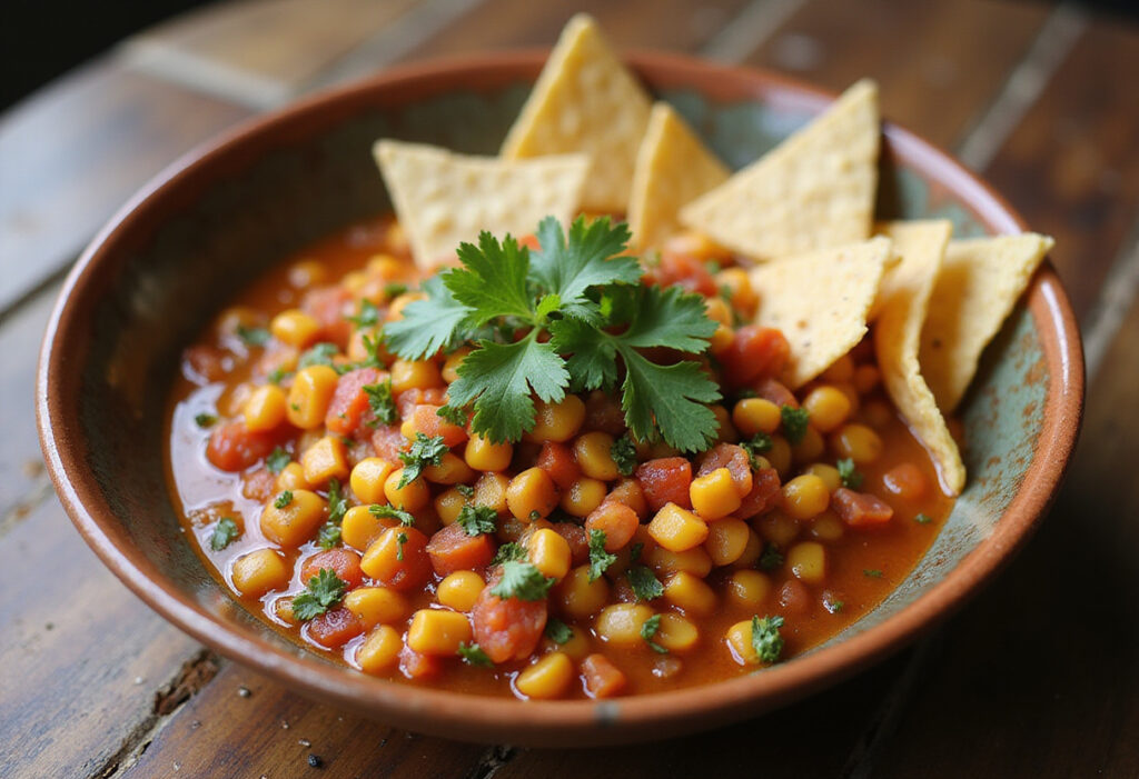 Fresh and juicy chipotle corn salsa served with tortilla chips, ready to be enjoyed.