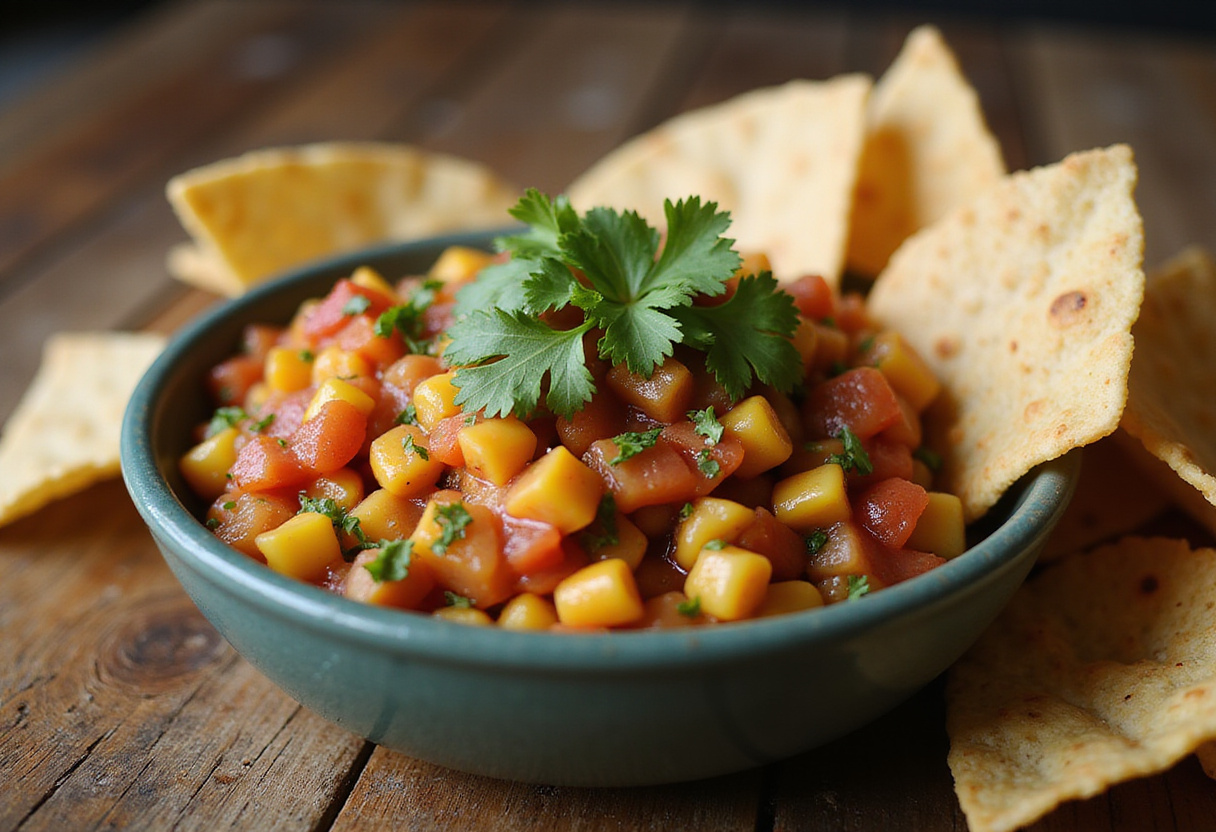 Fresh and juicy chipotle corn salsa served with tortilla chips, ready to be enjoyed.