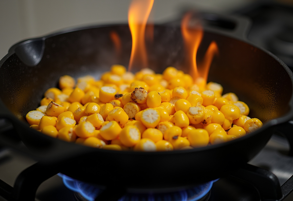 Charring corn kernels in a skillet for the base of a juicy chipotle corn salsa.