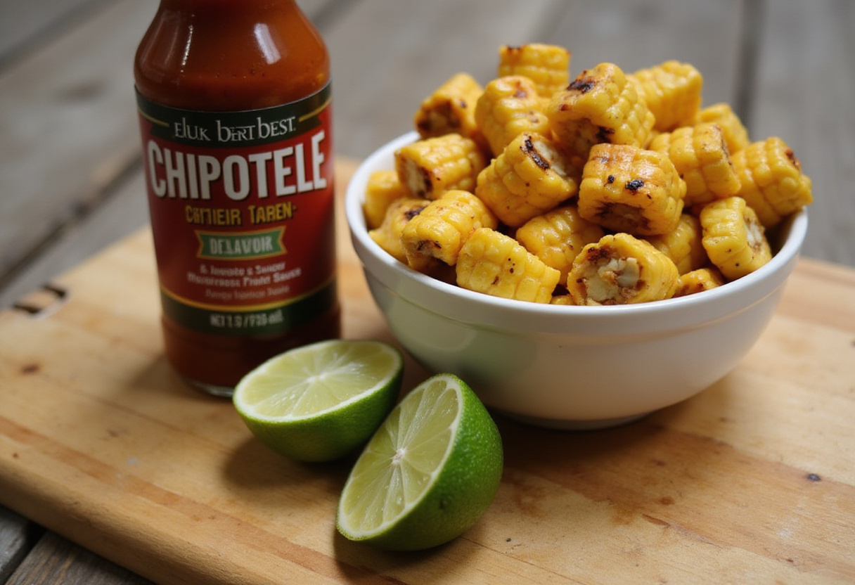 Key ingredients; chipotle sauce and lime for a juicy corn salsa recipe.