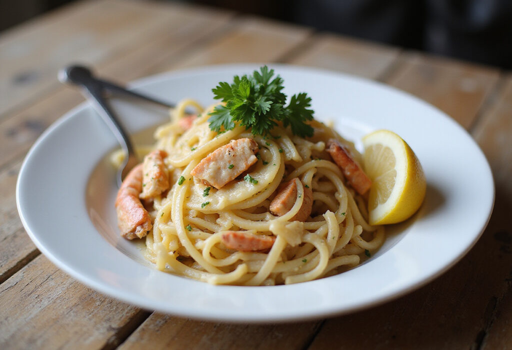 Delicious and juicy crab pasta, ready to be served.