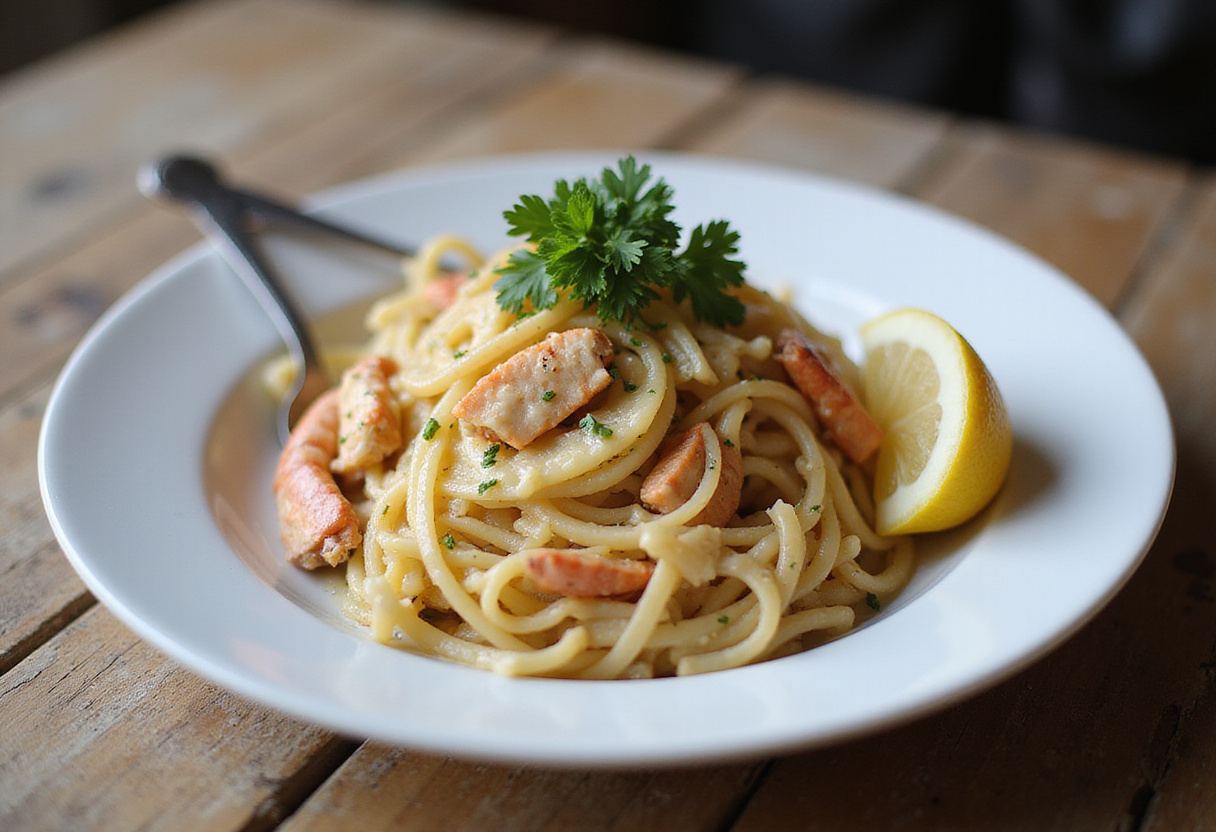 Delicious and juicy crab pasta, ready to be served.
