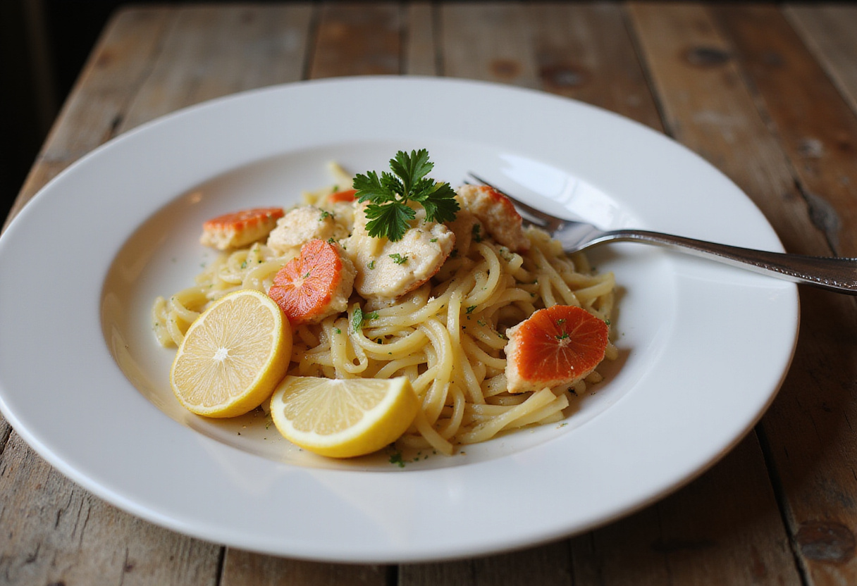 Delicious and juicy crab pasta, ready to be served.