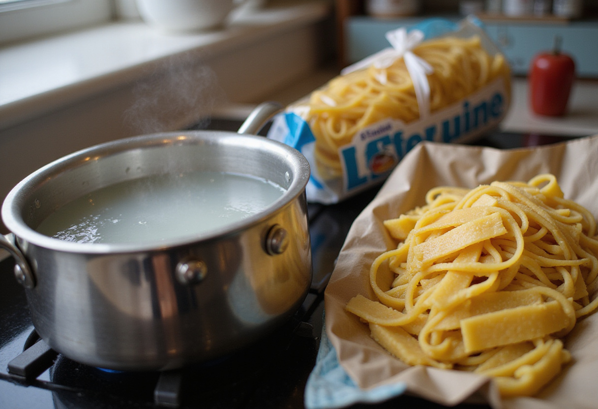 Preparing linguine pasta for a juicy crab pasta recipe.