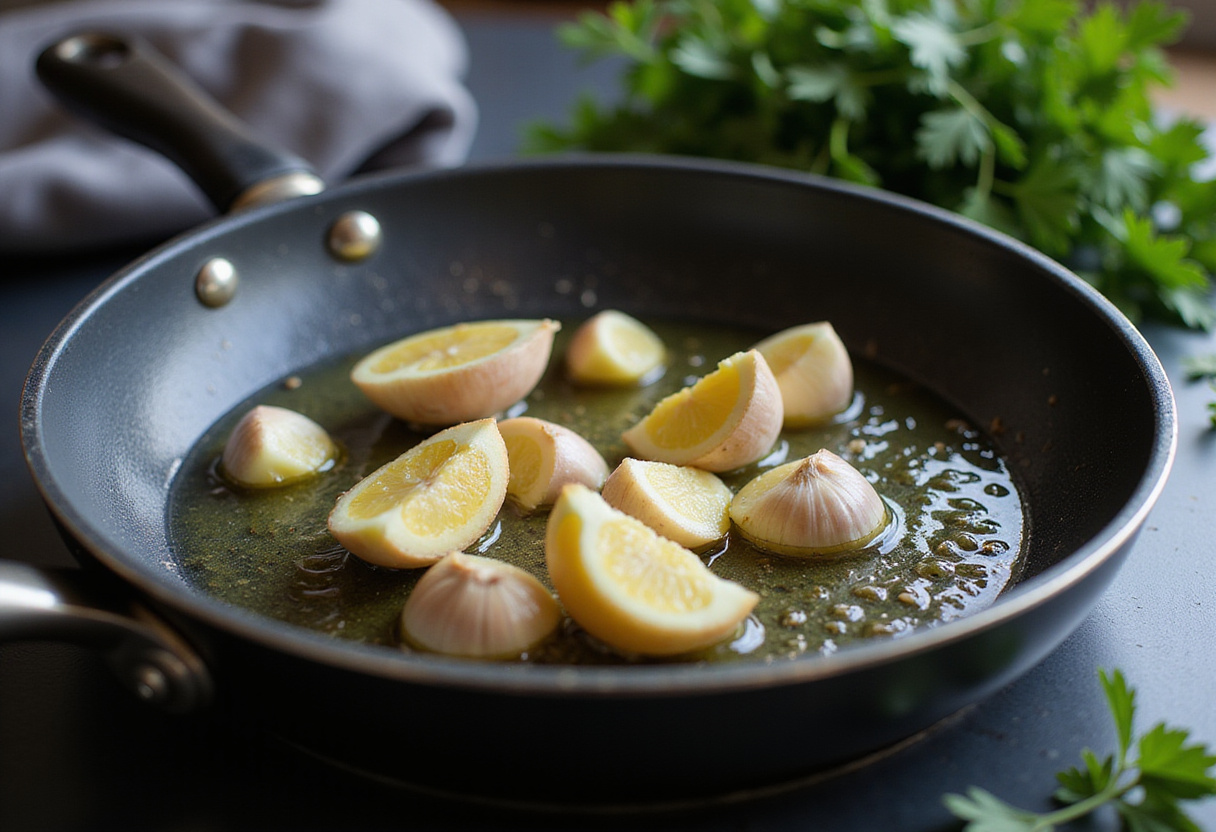 Sautéing garlic in olive oil as a base for crab pasta sauce.