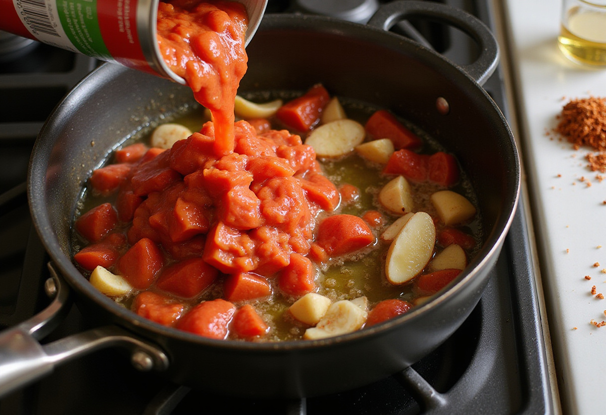 Adding crushed tomatoes and seasonings to create the sauce for crab pasta.
