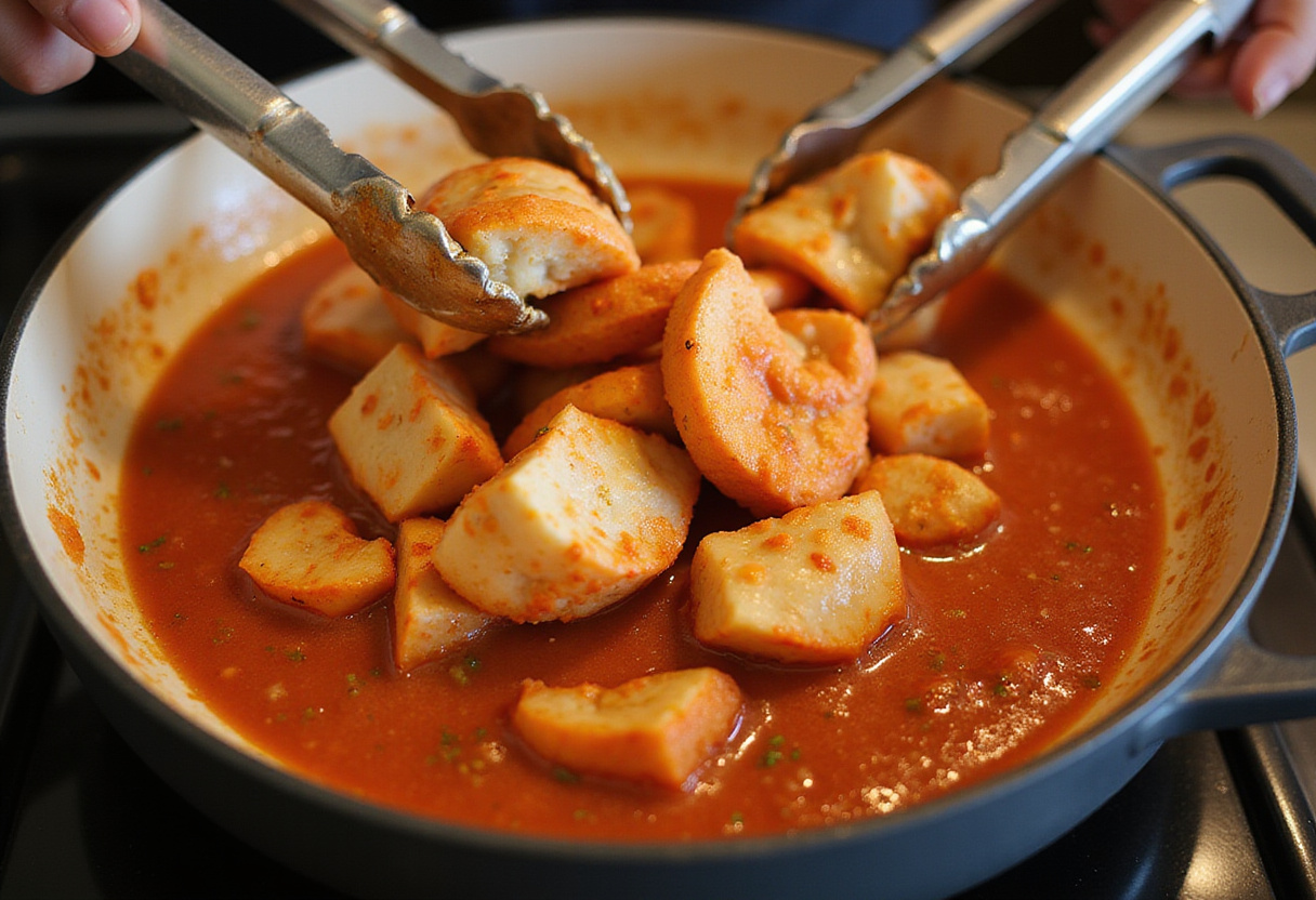 Adding fresh crab meat to the tomato sauce for a juicy crab pasta recipe.
