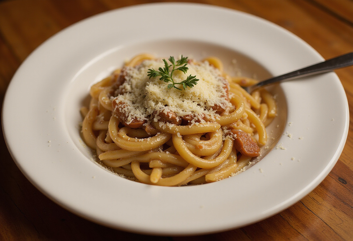 Delicious French Onion Pasta garnished with thyme and Gruyère cheese.