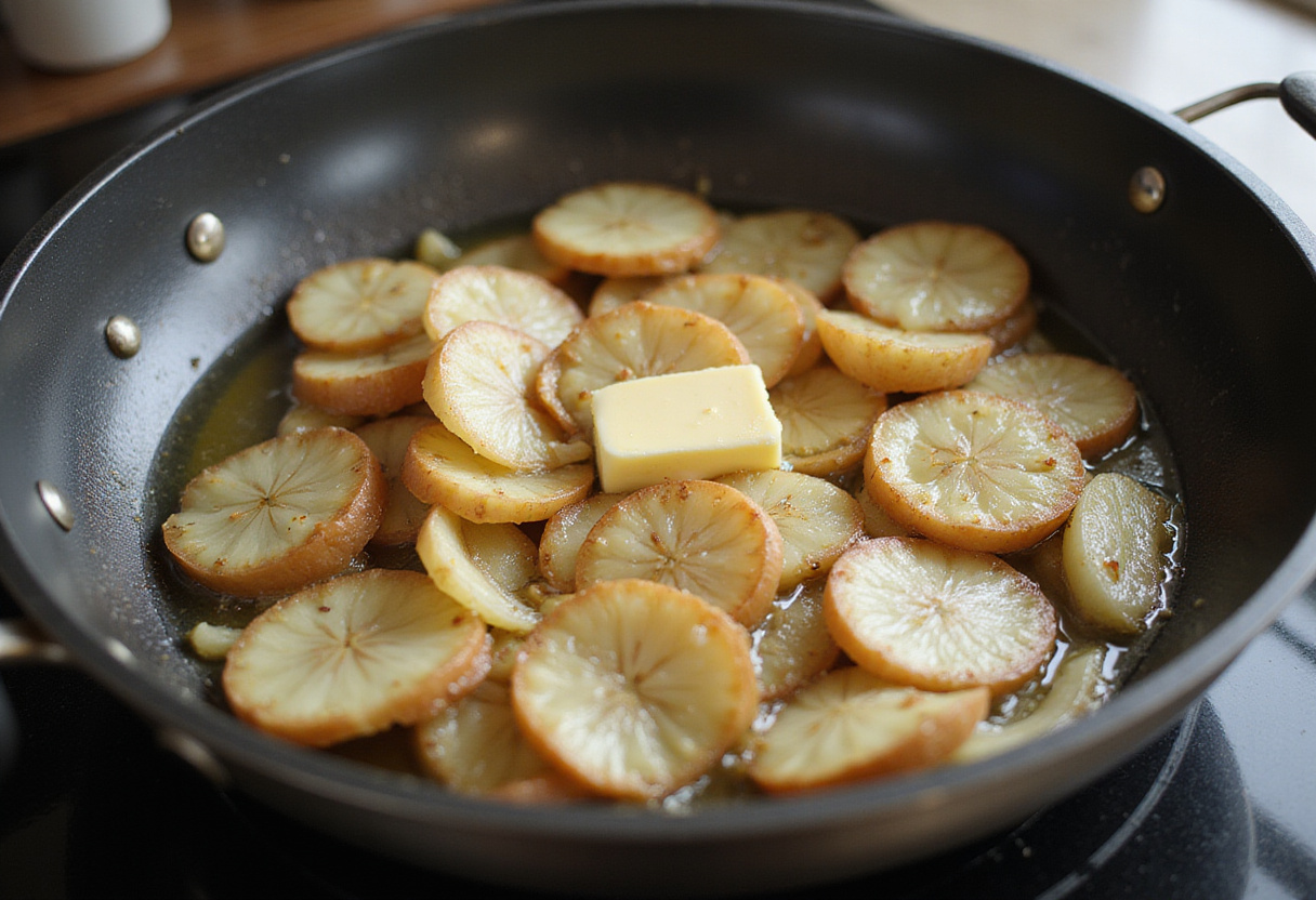 Caramelizing onions in butter and olive oil for Juicy French Onion Pasta.