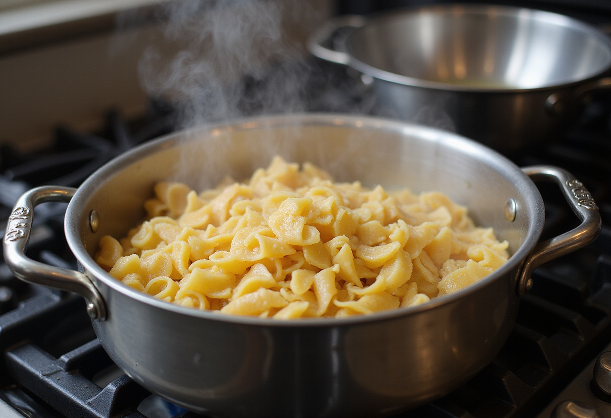 Pasta boiling for French Onion Pasta recipe.