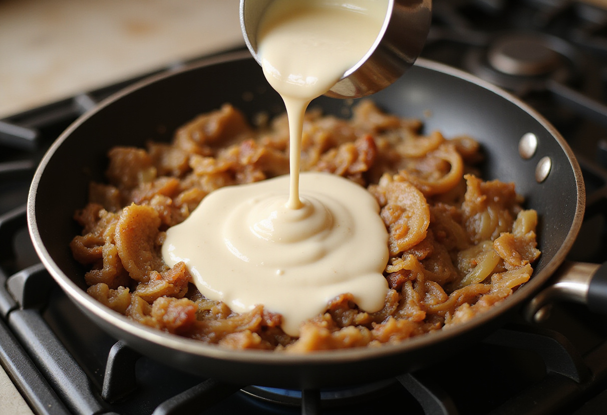 Creamy sauce being stirred into caramelized onions for Juicy French Onion Pasta.