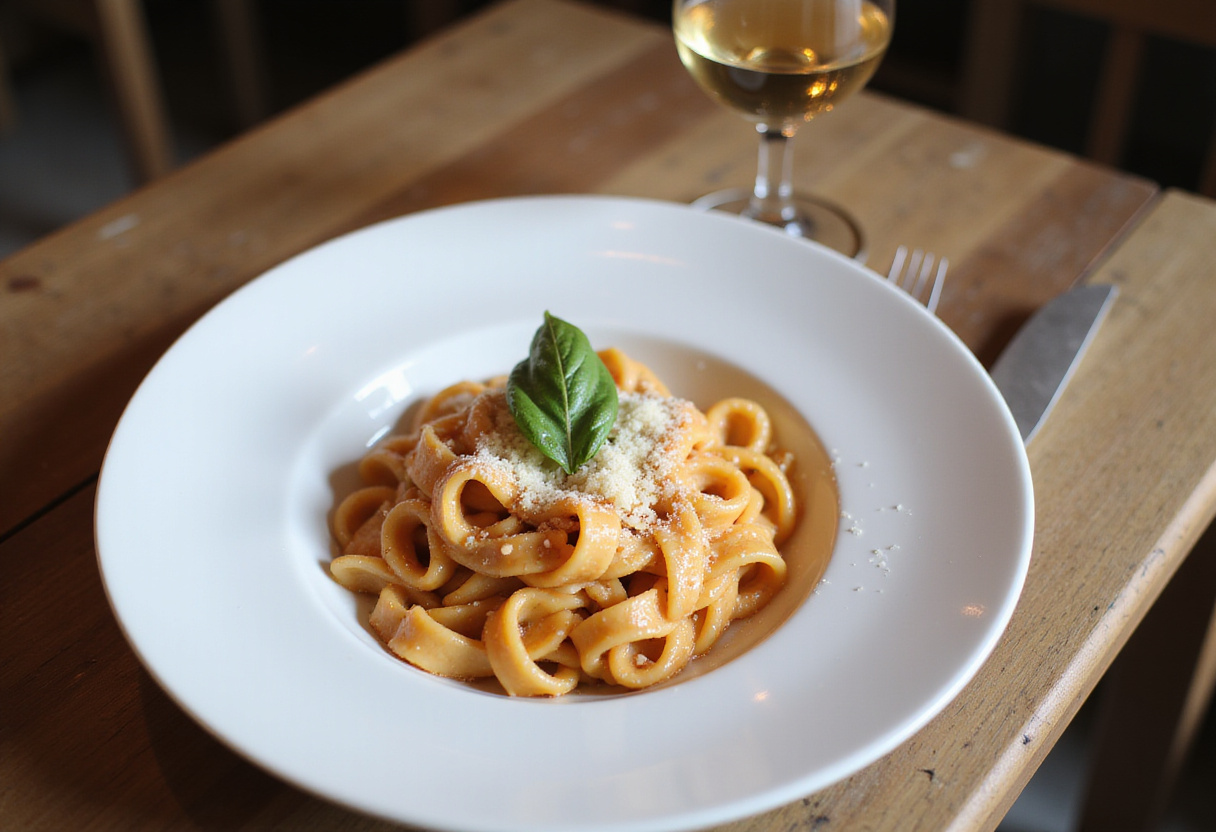 Plated Gigi Hadid Pasta with basil and Parmesan cheese.