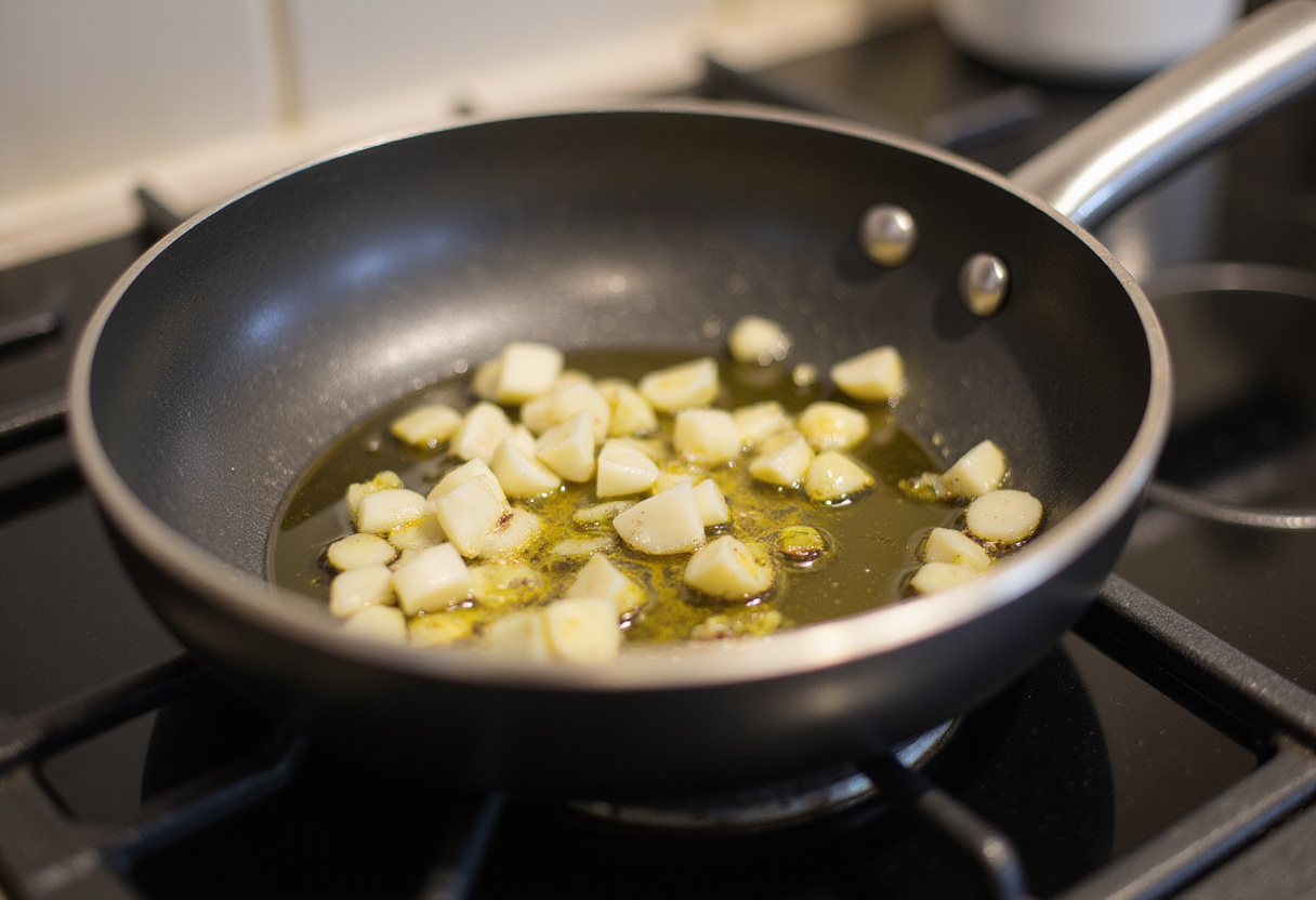 Sautéing shallots in olive oil for Gigi Hadid Pasta.