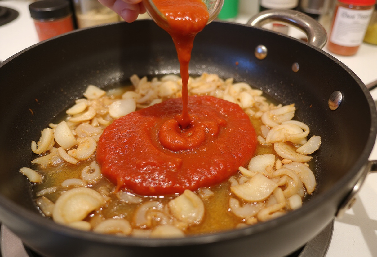 Tomato paste being added to shallots for Gigi Hadid Pasta sauce.