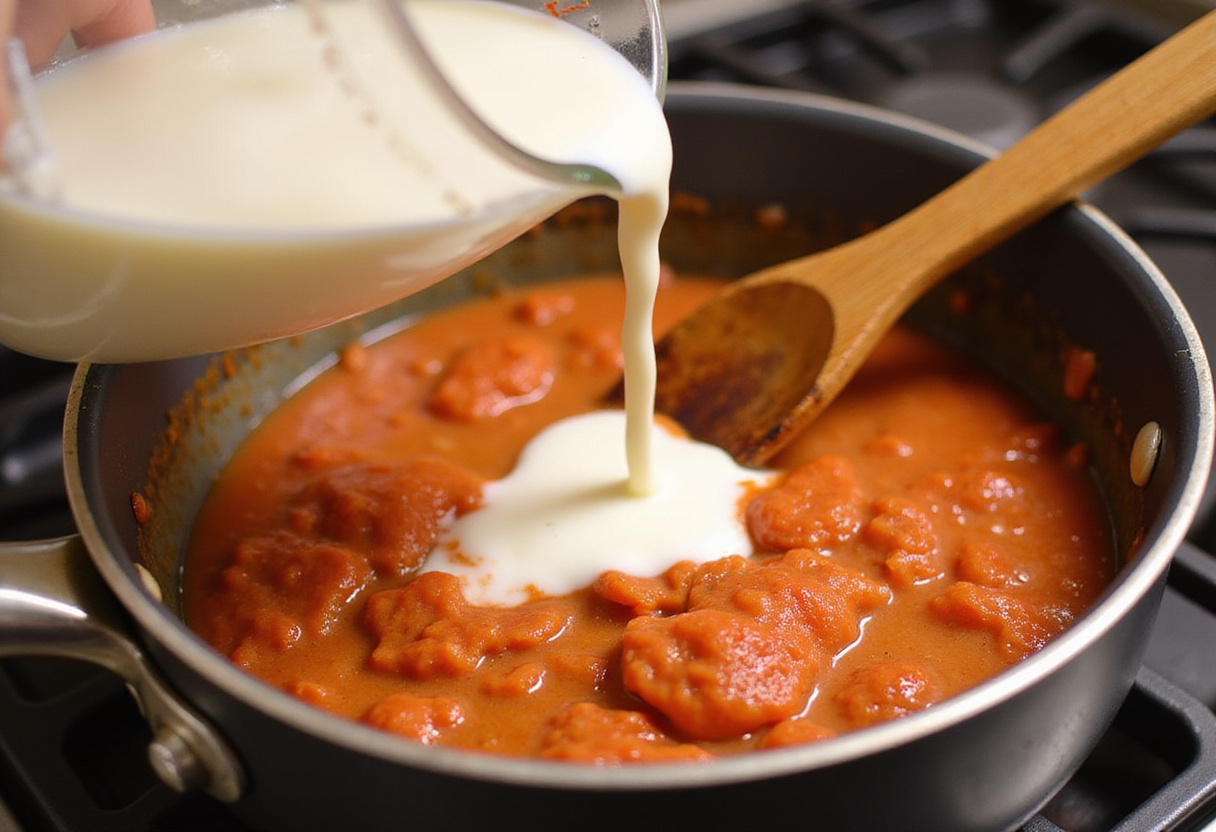 Adding heavy cream to the Gigi Hadid Pasta sauce.