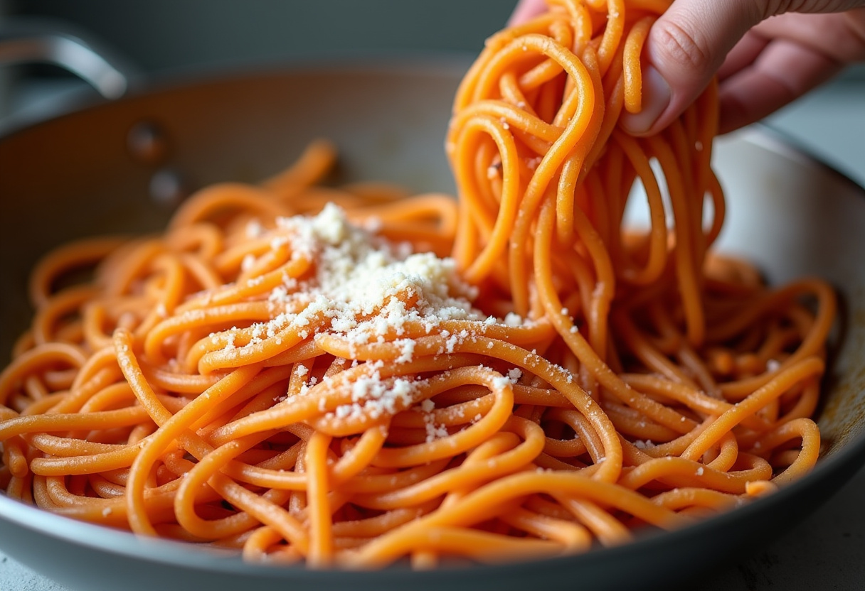Mixing cooked pasta with creamy tomato sauce for Gigi Hadid Pasta.