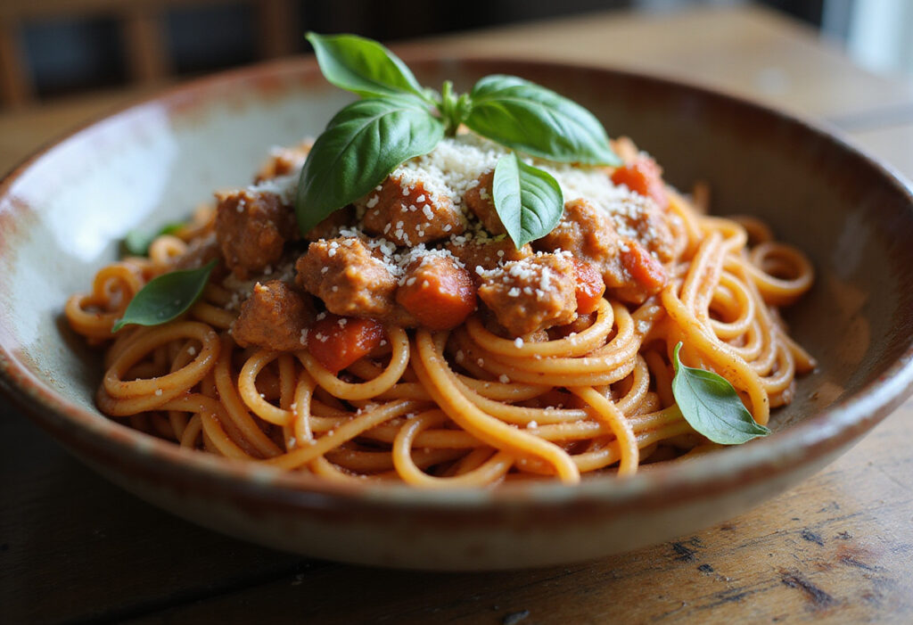 Juicy ground turkey pasta served with basil and Parmesan.