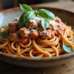 Juicy ground turkey pasta served with basil and Parmesan.