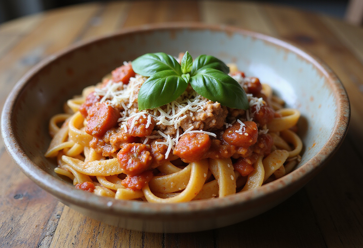 Juicy ground turkey pasta served with basil and Parmesan.