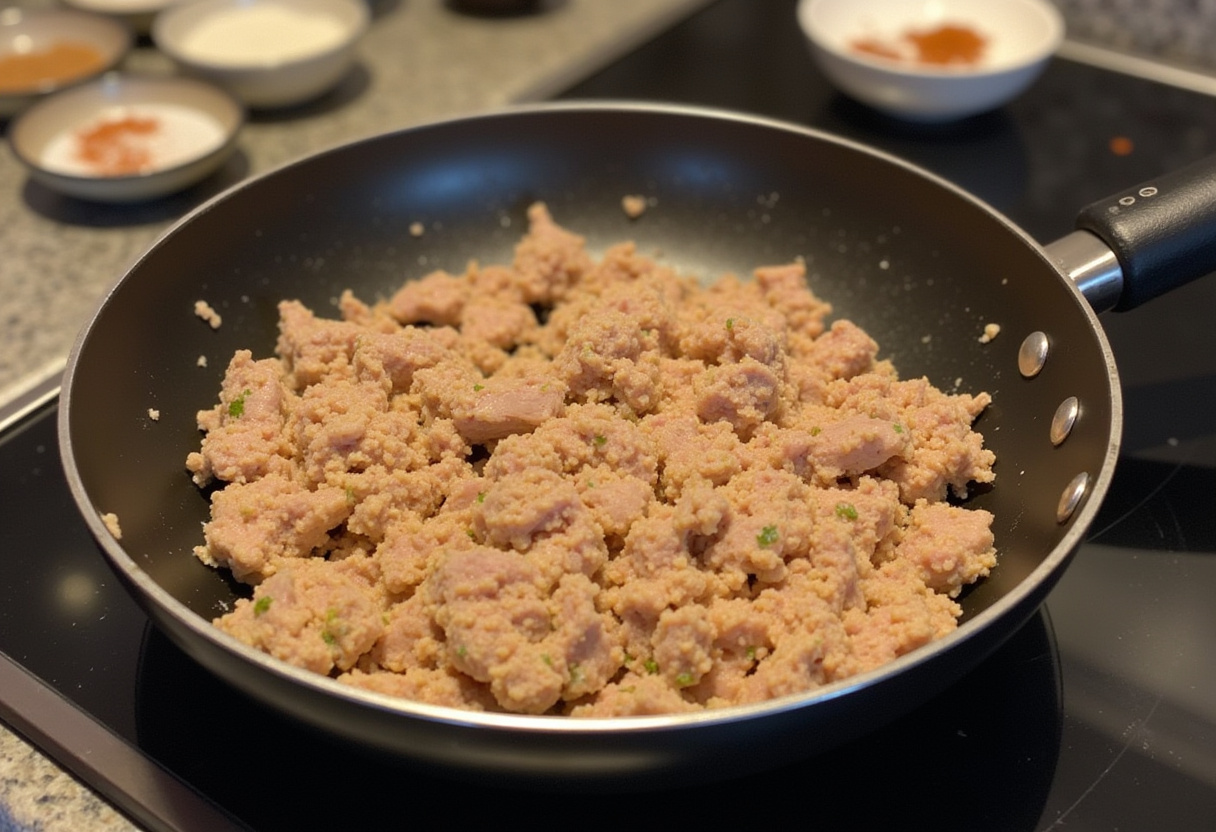 Browning ground turkey for a juicy ground turkey pasta recipe.