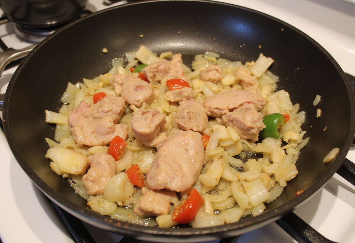 Sauteing vegetables for a ground turkey pasta sauce.