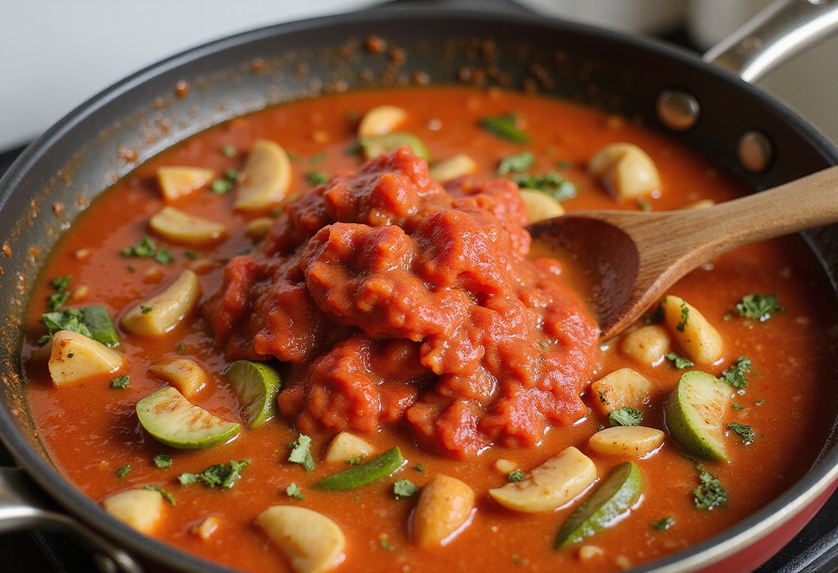 Making tomato sauce for ground turkey pasta.