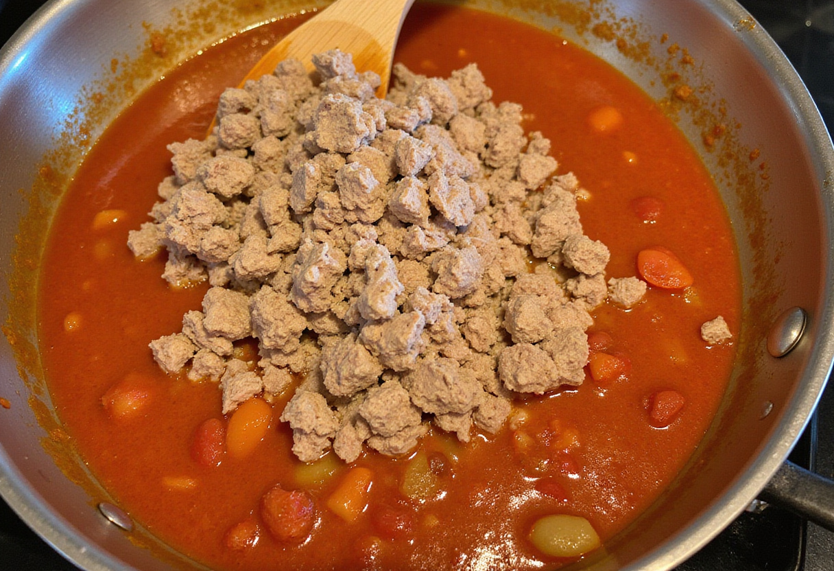 Combining ground turkey and tomato sauce for pasta.