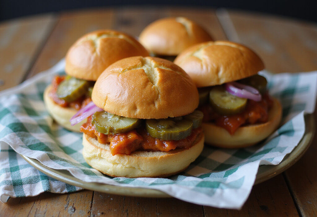 Juicy Hanky Panky sliders with pickles and onions, ready to serve.