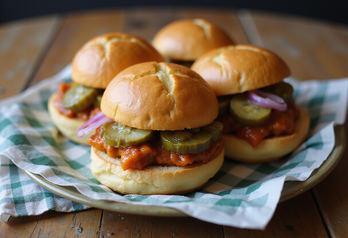 Juicy Hanky Panky sliders with pickles and onions, ready to serve.