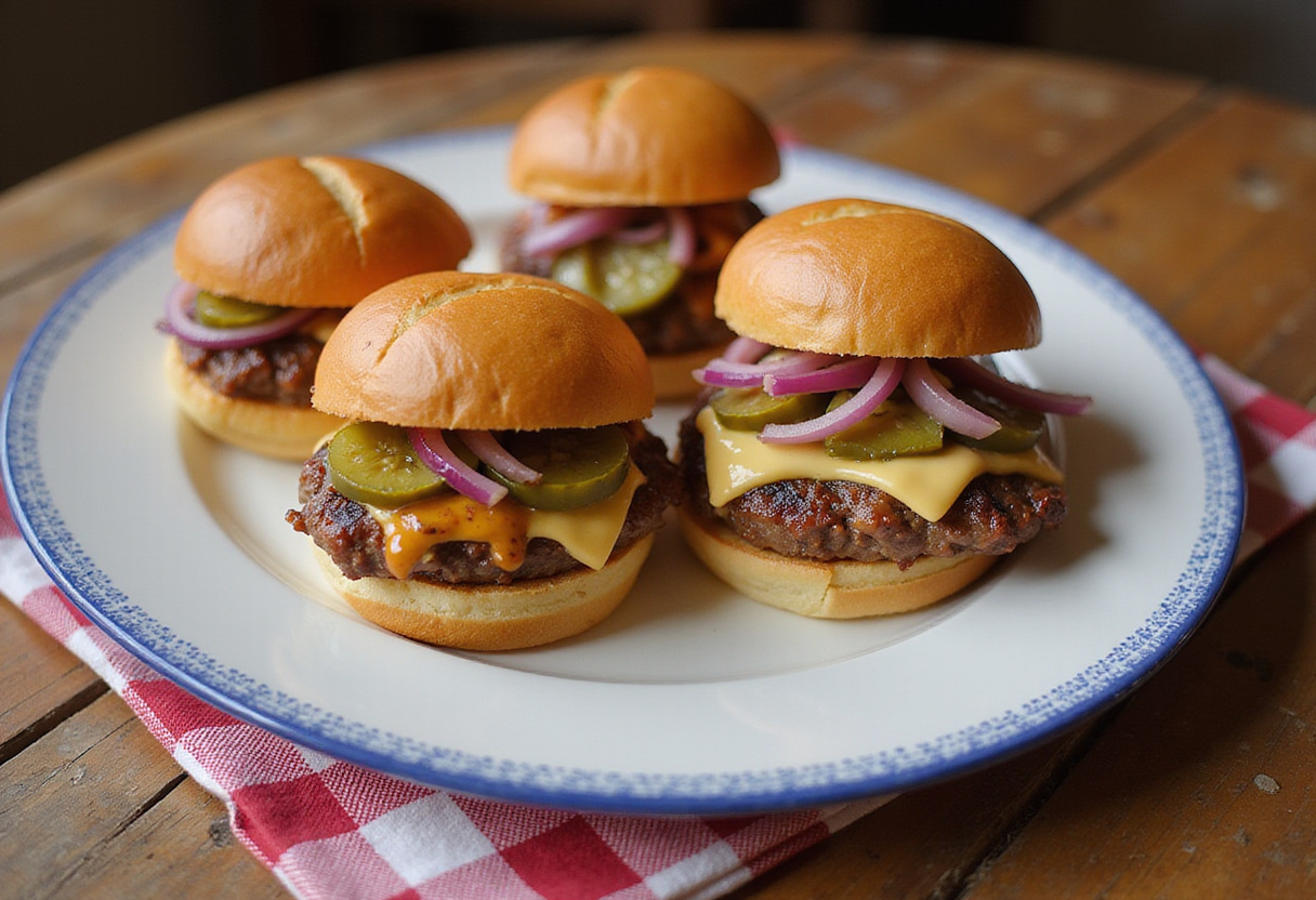 Juicy Hanky Panky sliders with pickles and onions, ready to serve.