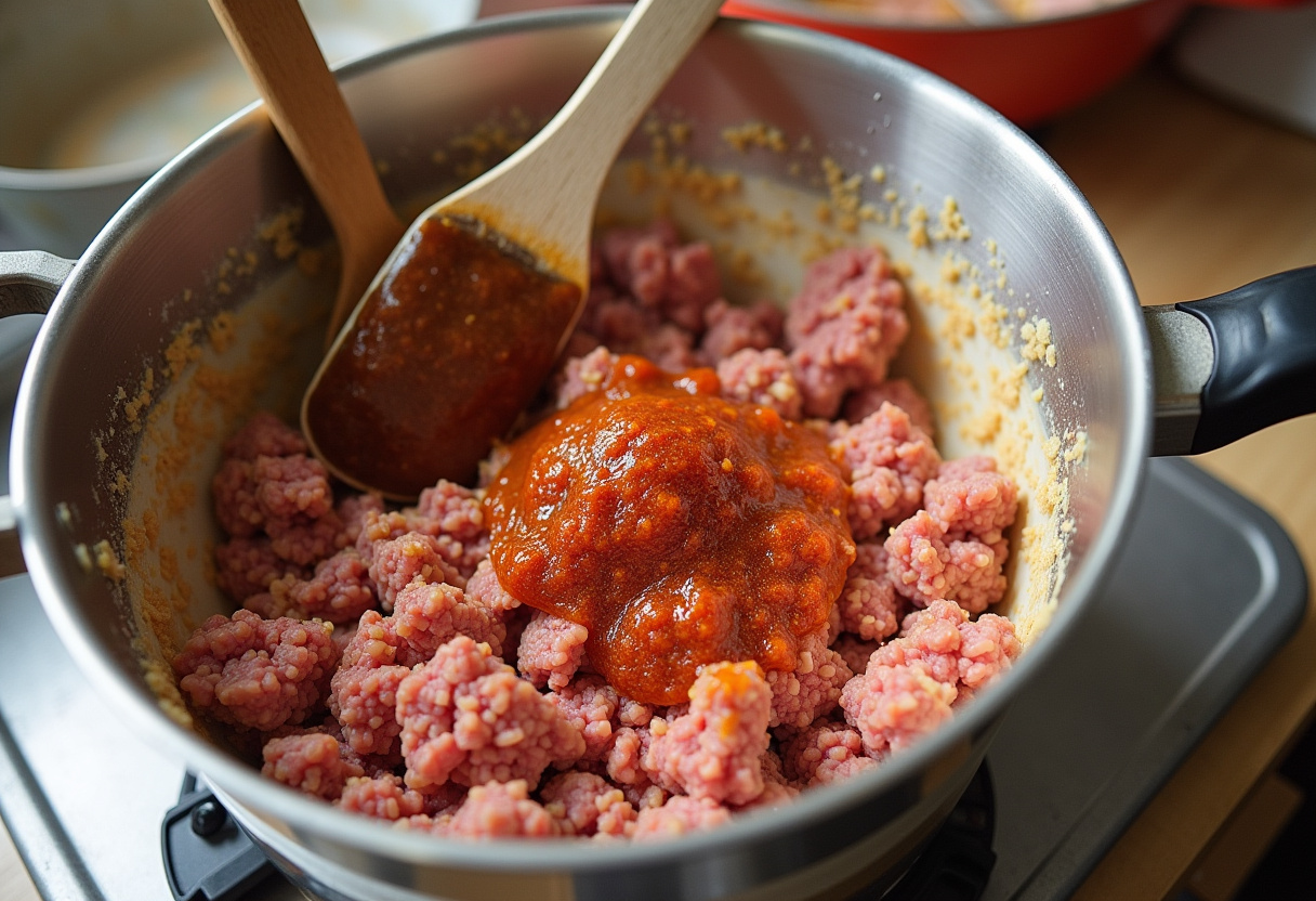 Ground beef and pork sausage being mixed for Juicy Hanky Panky Recipe.