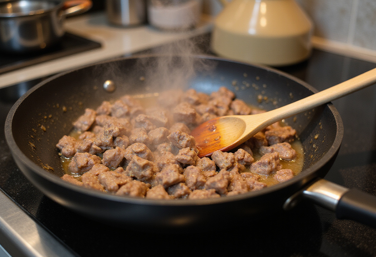 Meat mixture simmering in a skillet for Juicy Hanky Panky recipe.