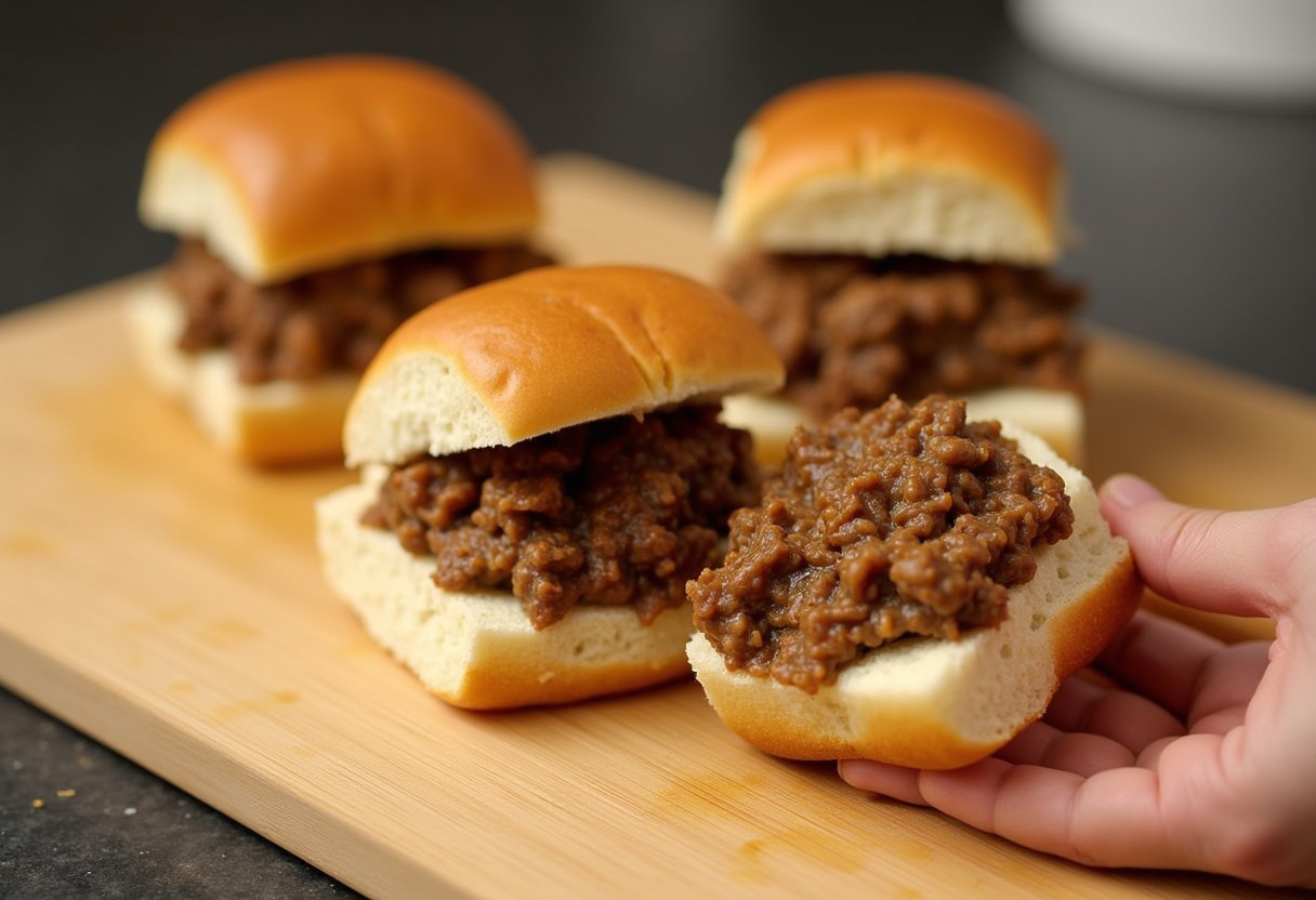 Meat mixture being spooned onto slider buns for Hanky Panky sliders.