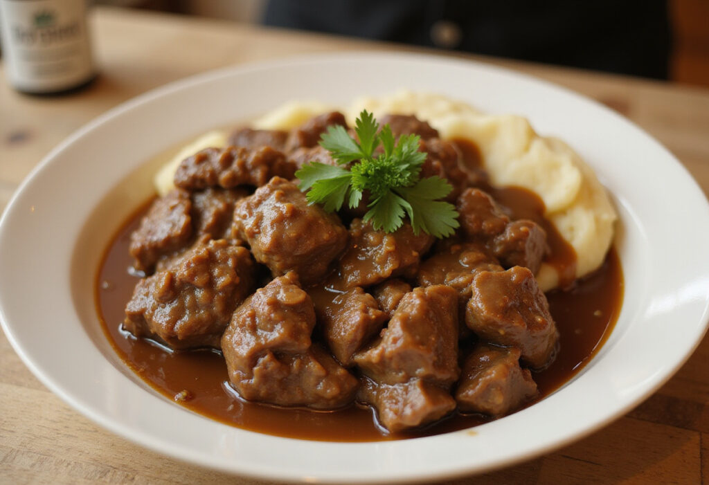 Juicy Instant Pot ground beef with mashed potatoes and gravy, a delicious meal.