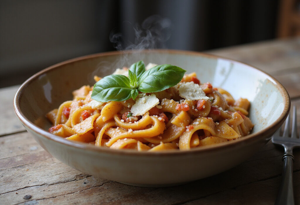 Delicious and juicy Instant Pot pasta served with basil and parmesan cheese.