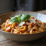 Delicious and juicy Instant Pot pasta served with basil and parmesan cheese.