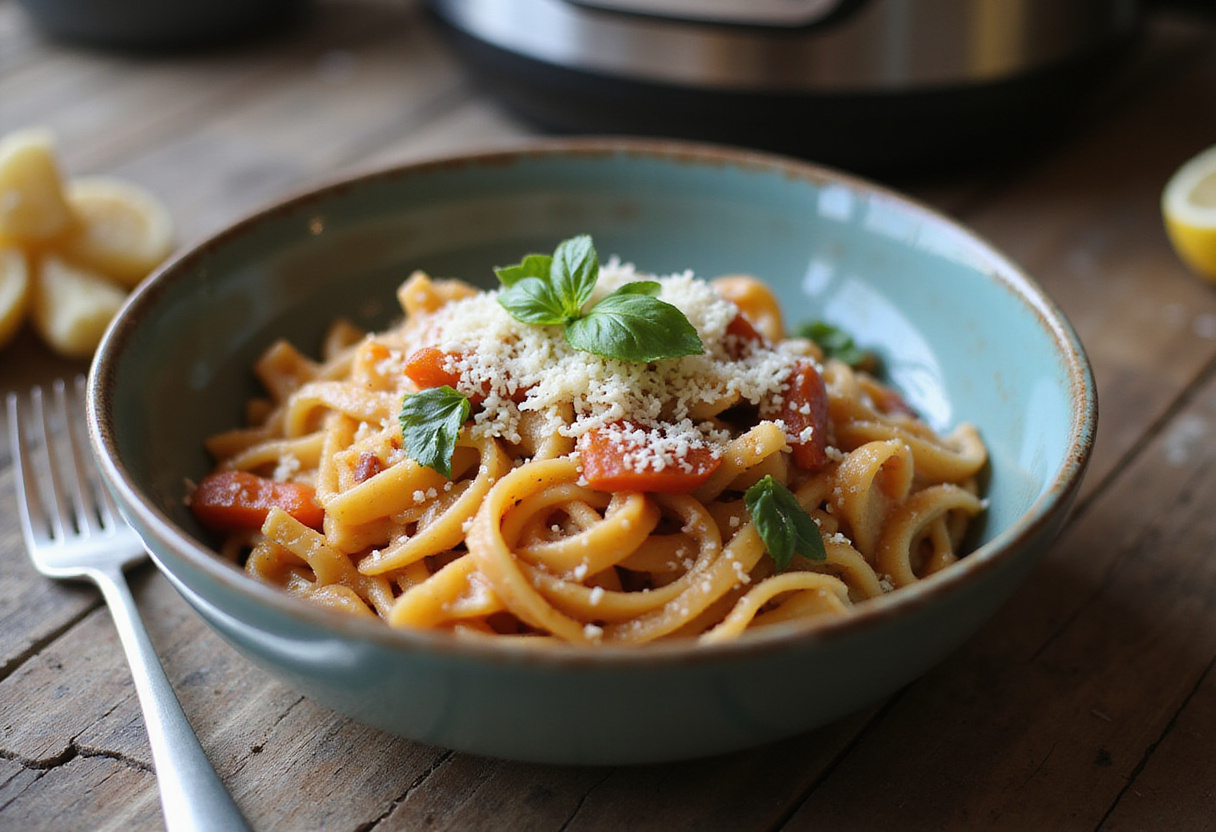 Delicious and juicy Instant Pot pasta served with basil and parmesan cheese.