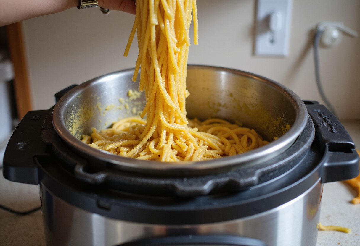 Adding dry pasta to an Instant Pot for a juicy pasta recipe.
