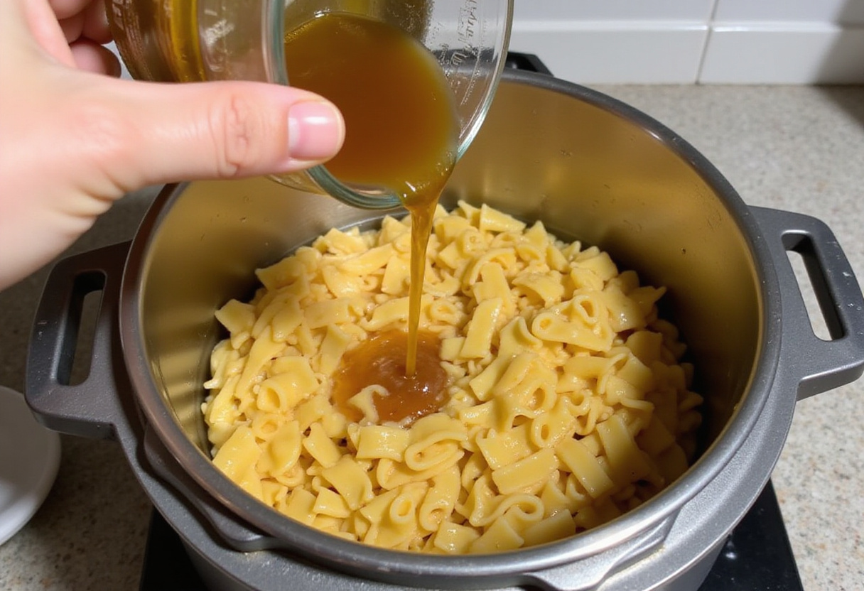 Pouring vegetable broth into an Instant Pot to cook pasta.