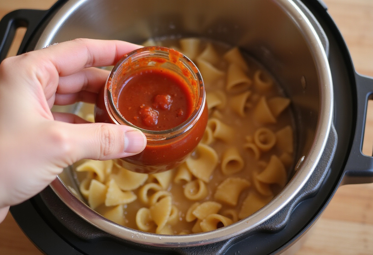 Opening marinara sauce for use in an Instant Pot pasta recipe.