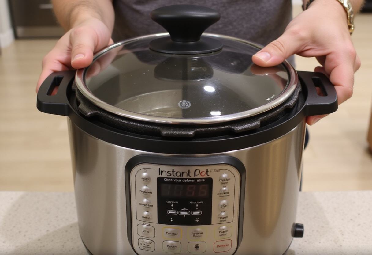 Sealing the Instant Pot to cook a juicy pasta dish.