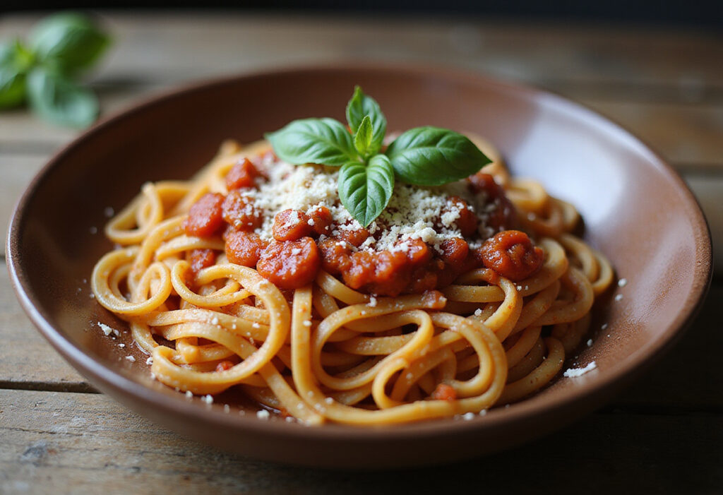 Juicy homemade KitchenAid pasta with tomato sauce, basil, and Parmesan.