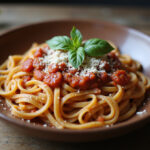Juicy homemade KitchenAid pasta with tomato sauce, basil, and Parmesan.